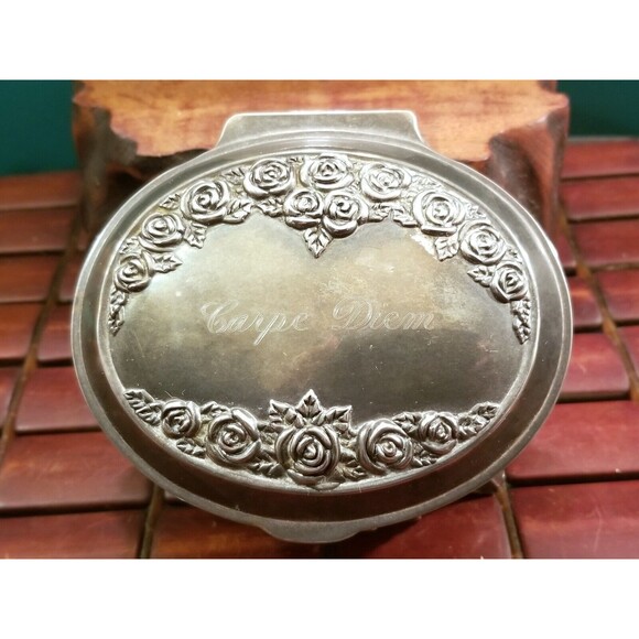 Vintage "Carpe Diem" Silver Plated Musical Jewelry Trinket Box 5"x4"x3" - Picture 2 of 4